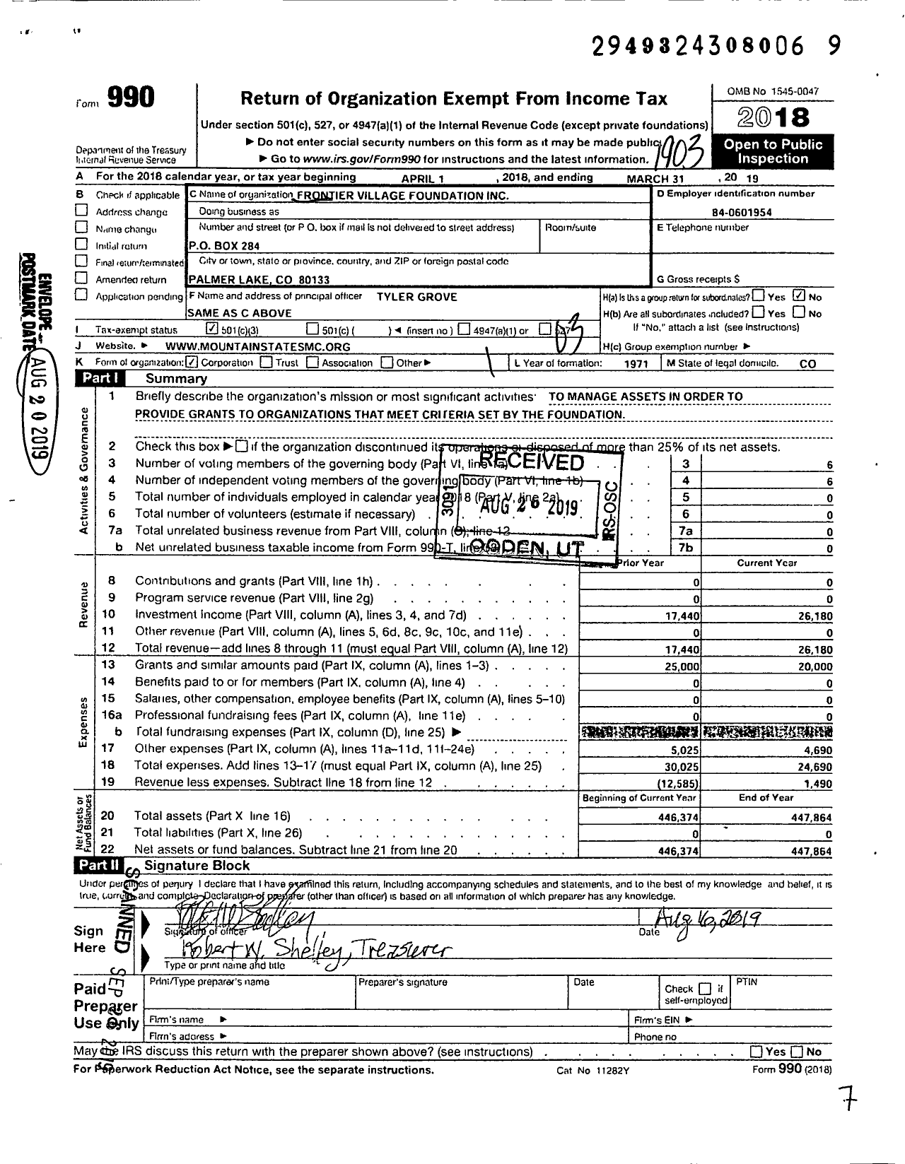 Image of first page of 2018 Form 990 for Frontier Village Foundation