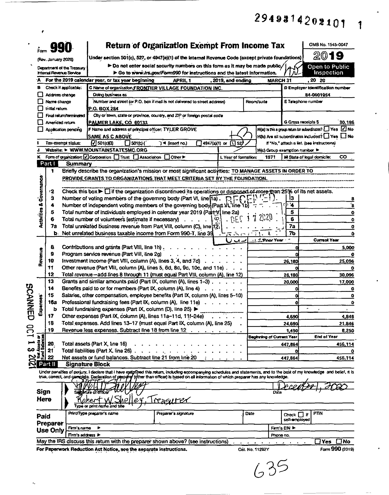 Image of first page of 2019 Form 990 for Frontier Village Foundation