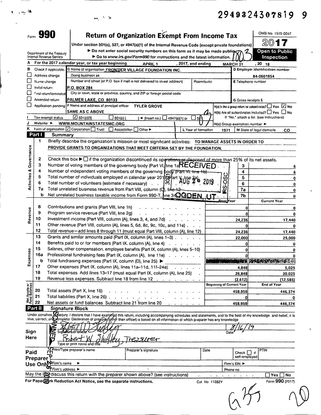 Image of first page of 2017 Form 990 for Frontier Village Foundation