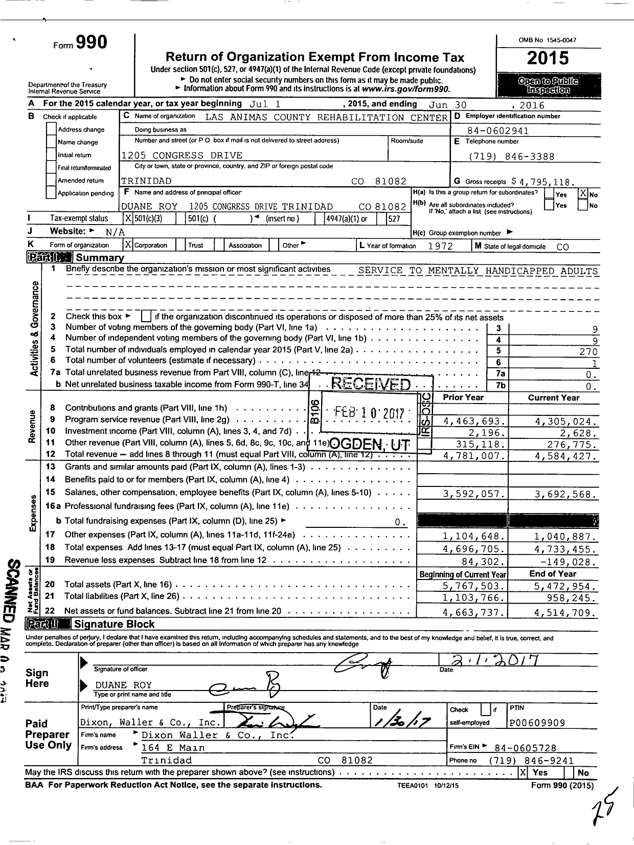 Image of first page of 2015 Form 990 for Las Animas County Rehabilitation Center