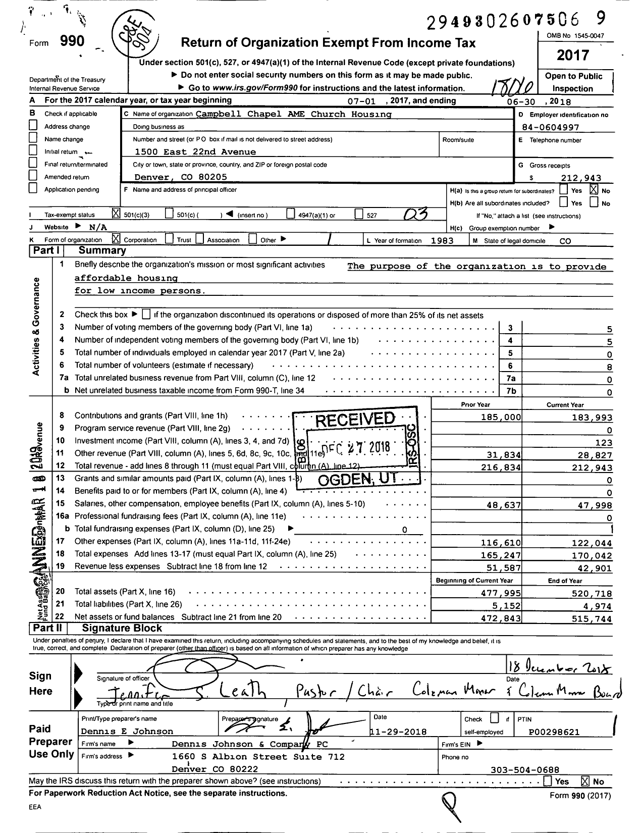 Image of first page of 2017 Form 990 for Coleman Manor