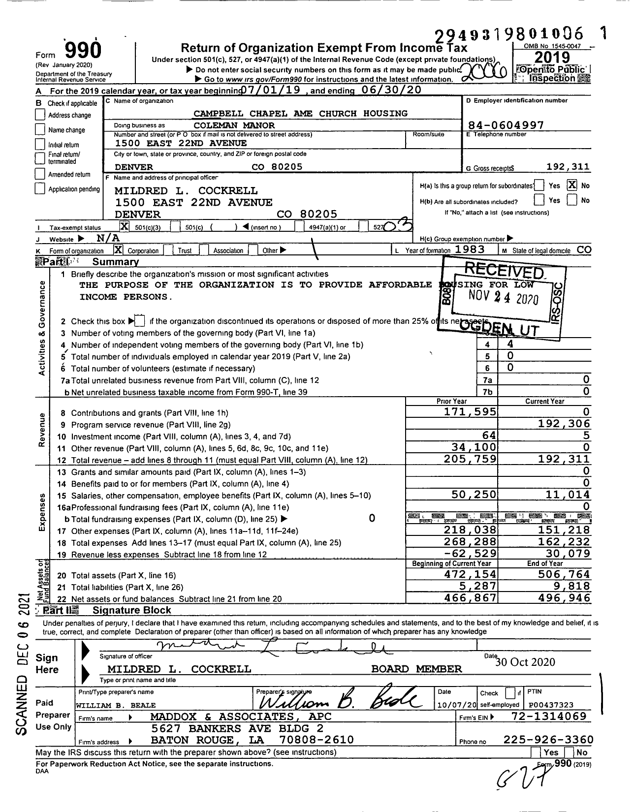 Image of first page of 2019 Form 990 for Coleman Manor