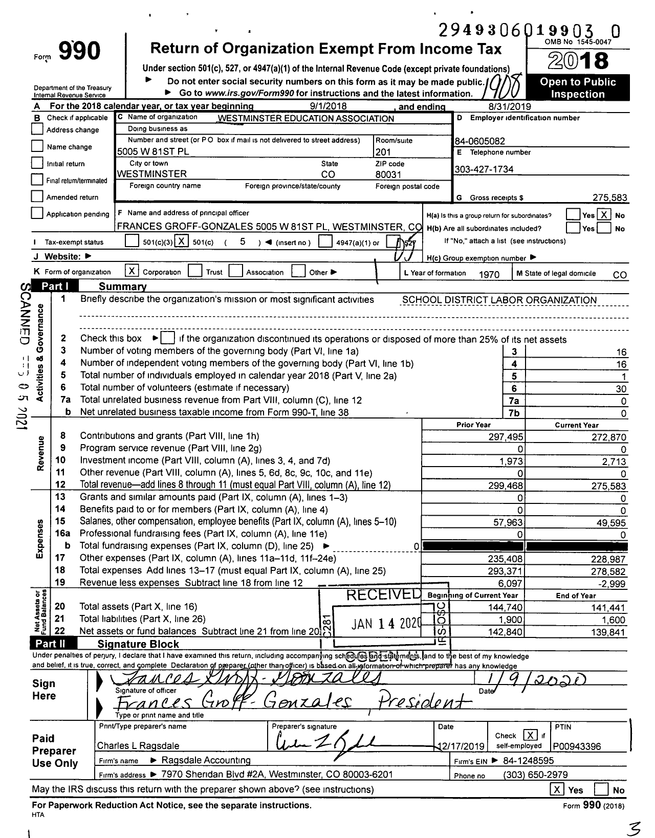 Image of first page of 2018 Form 990O for Westminster Education Association