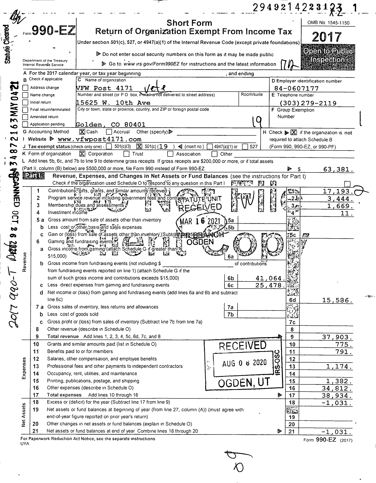 Image of first page of 2017 Form 990EO for Veterans of Foreign Wars of the United States Dept of - VFW Post 4171 Golden