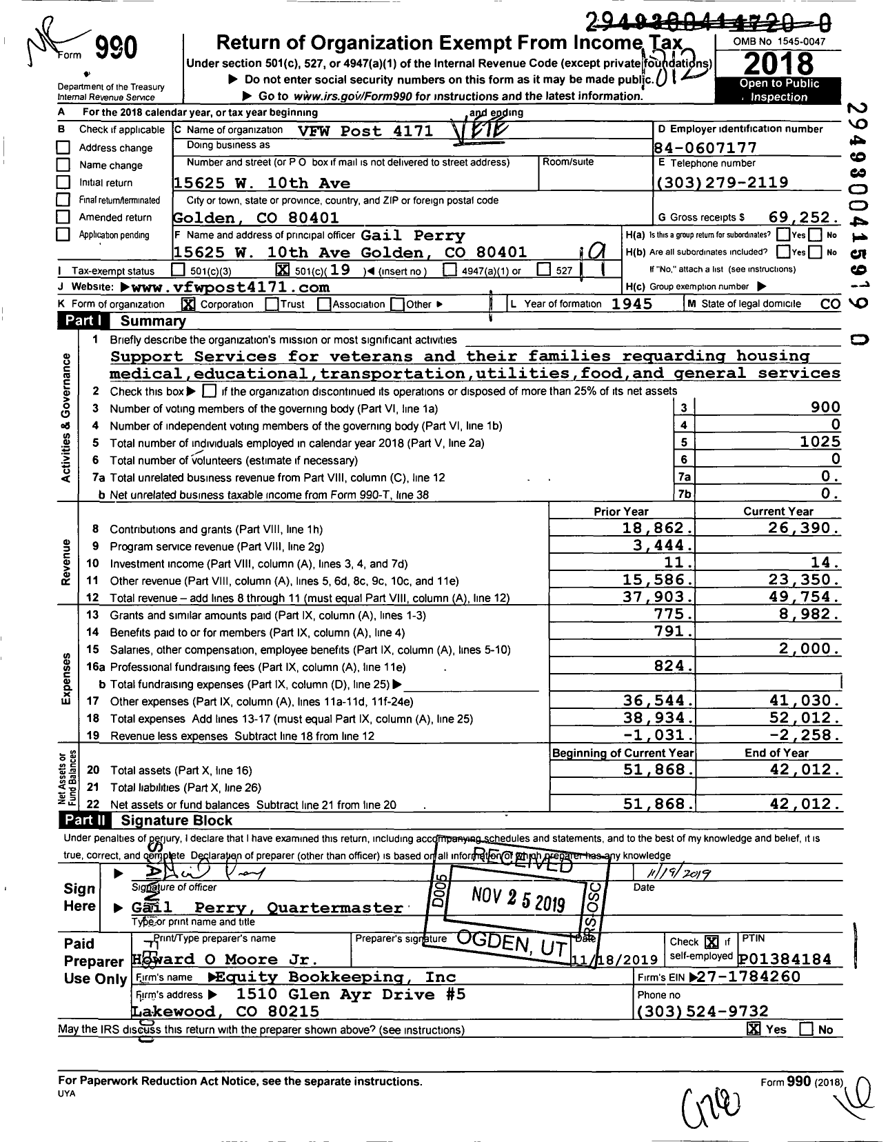 Image of first page of 2018 Form 990O for Veterans of Foreign Wars of the United States Dept of - VFW Post 4171 Golden