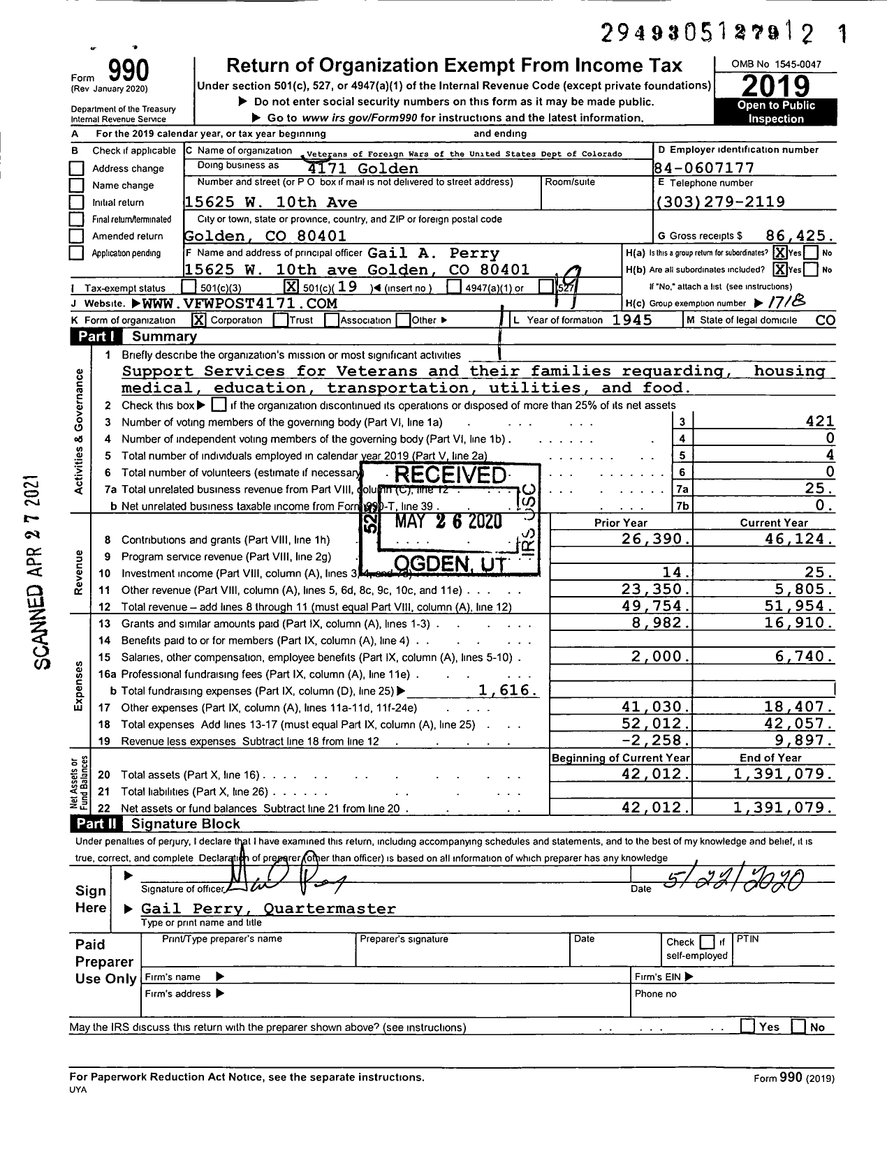 Image of first page of 2019 Form 990O for Veterans of Foreign Wars of the United States Dept of - VFW Post 4171 Golden