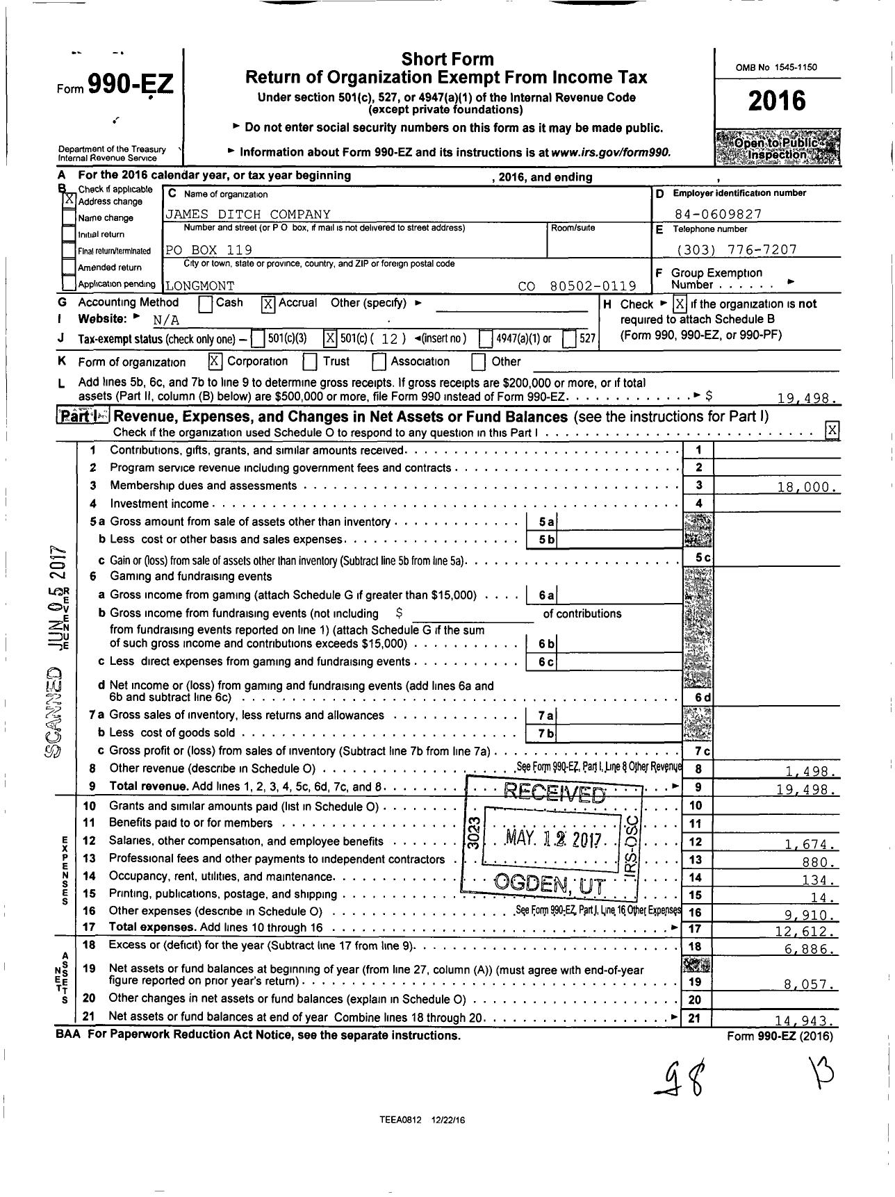 Image of first page of 2016 Form 990EO for James Ditch Company