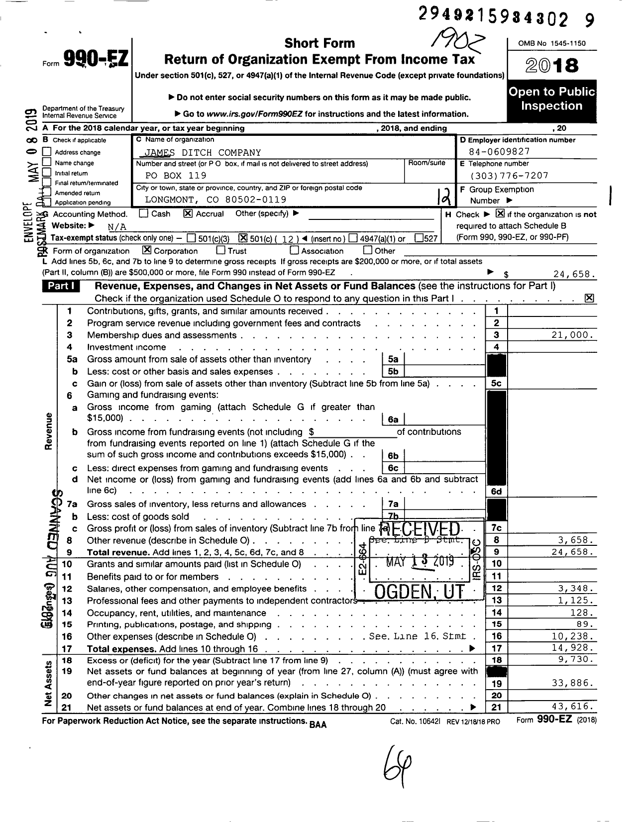 Image of first page of 2018 Form 990EO for James Ditch Company