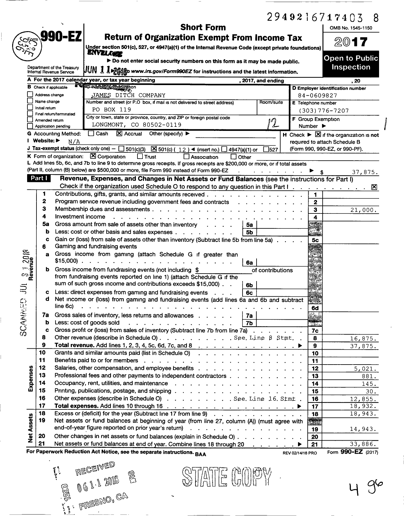 Image of first page of 2017 Form 990EO for James Ditch Company