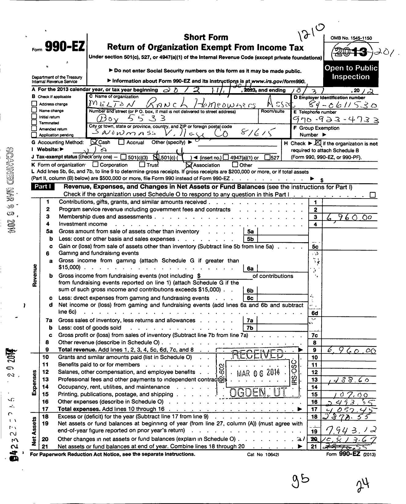 Image of first page of 2011 Form 990EO for Melton Ranch Homeowners Association