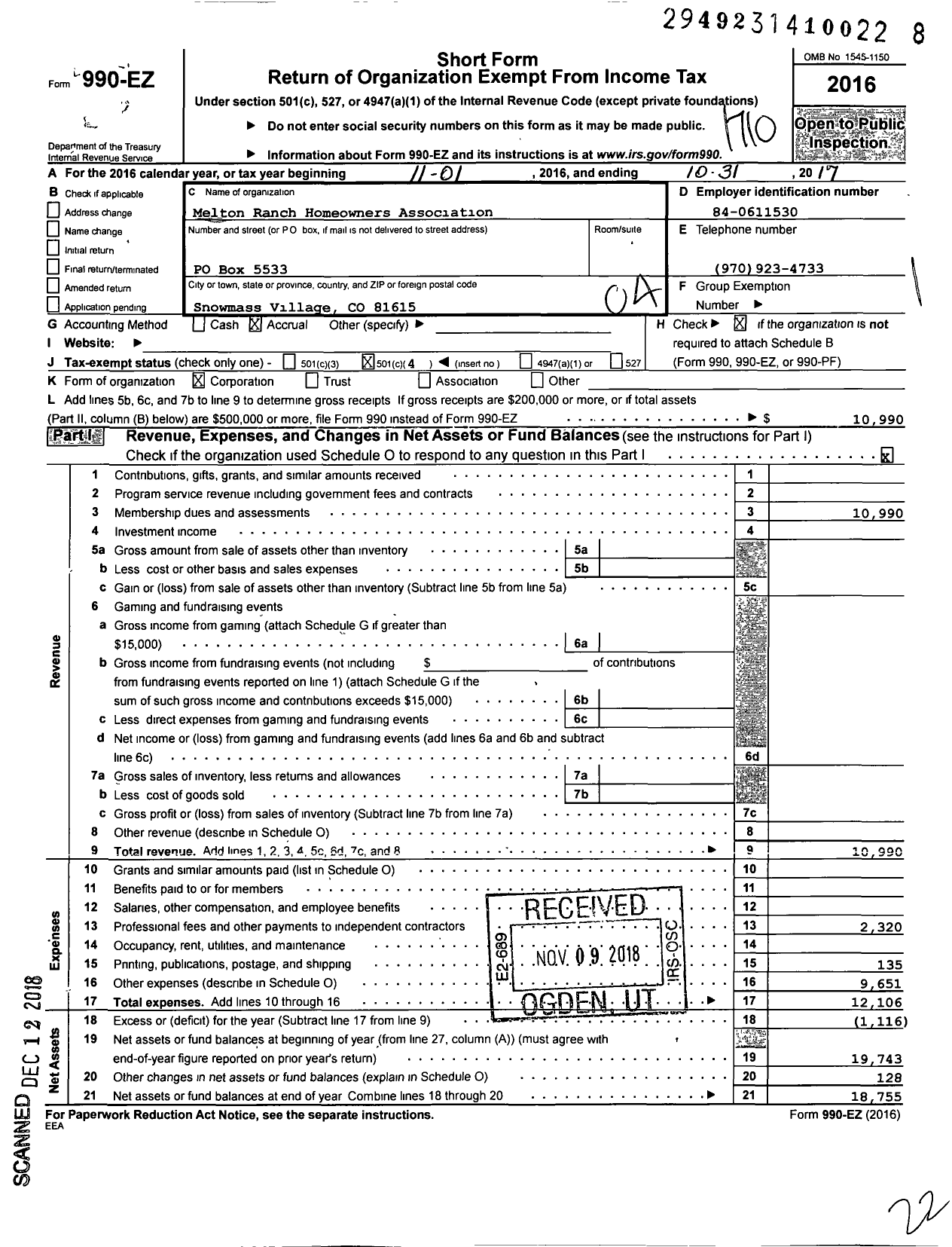 Image of first page of 2016 Form 990EO for Melton Ranch Homeowners Association