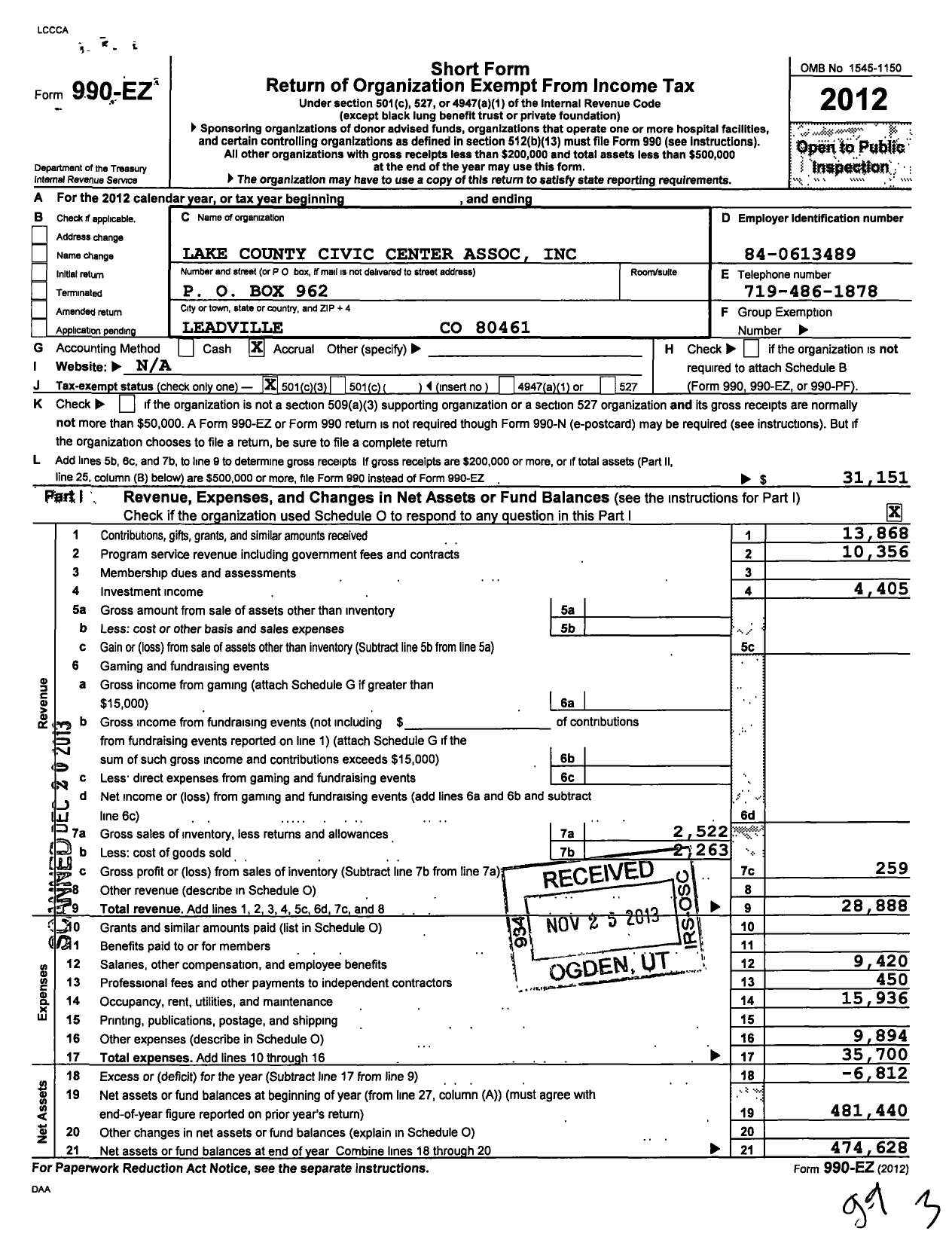 Image of first page of 2012 Form 990EZ for Lake County Civic Center Association