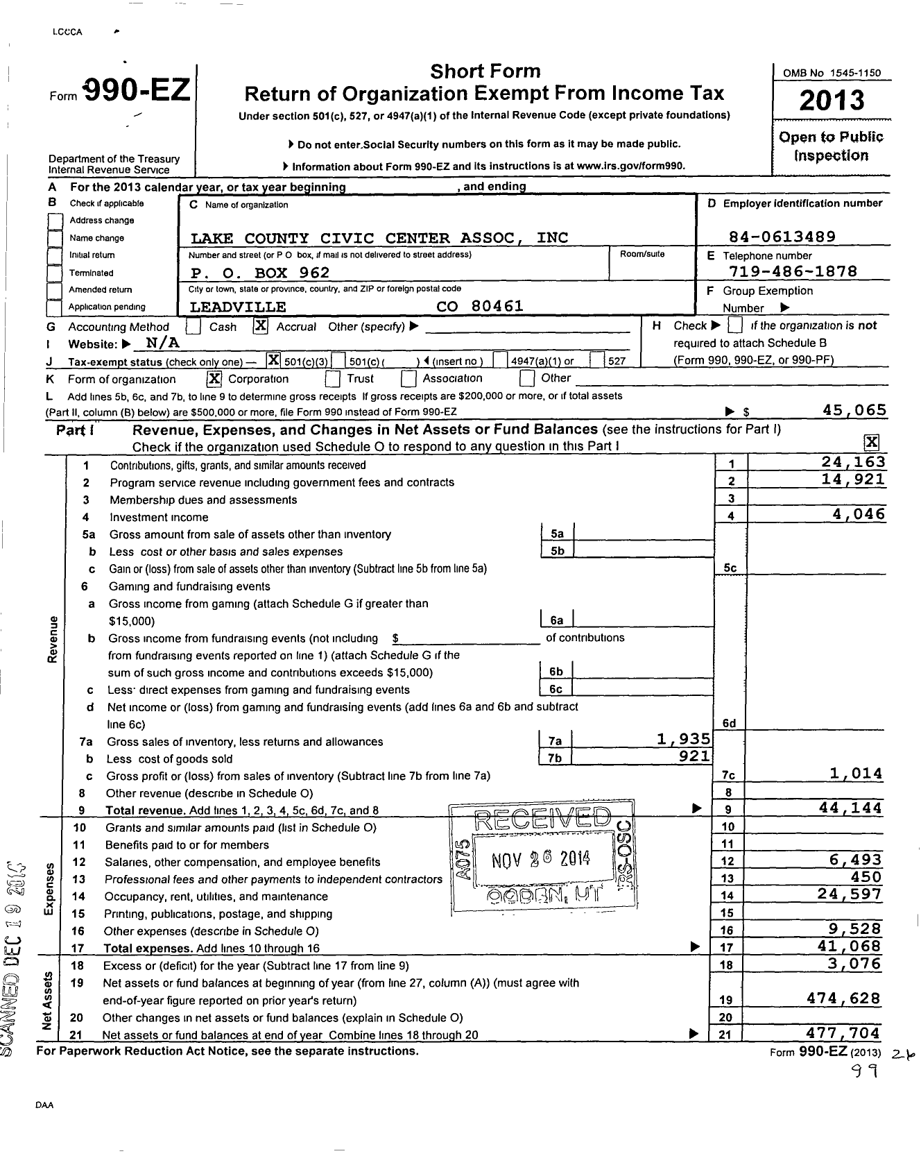 Image of first page of 2013 Form 990EZ for Lake County Civic Center Association