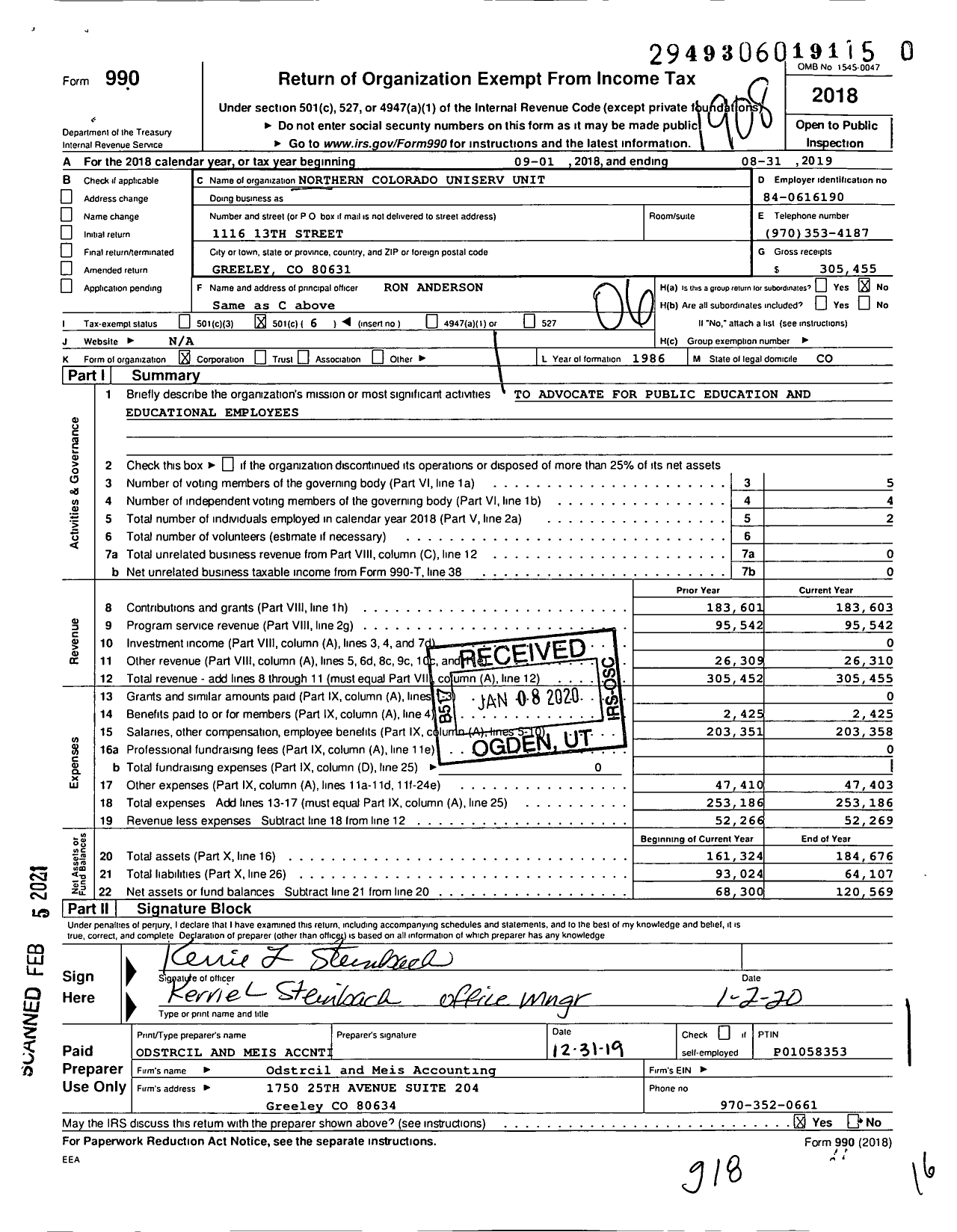 Image of first page of 2018 Form 990O for Northern Colorado Uniserv Unit