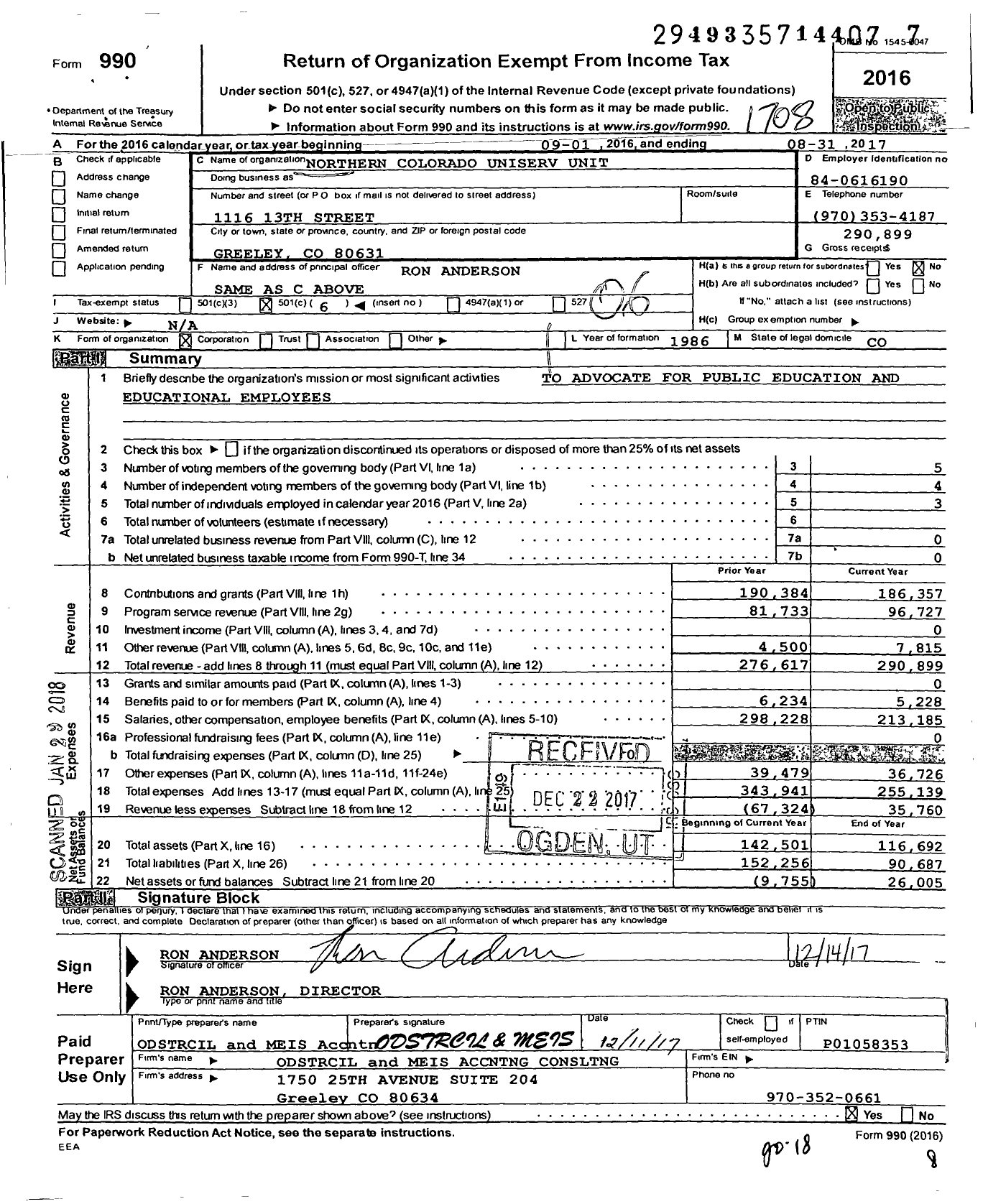 Image of first page of 2016 Form 990O for Northern Colorado Uniserv Unit