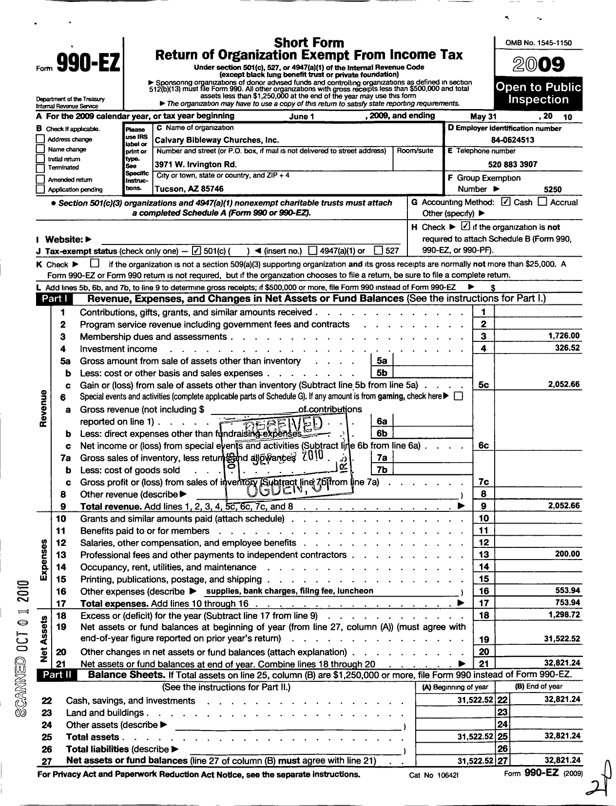 Image of first page of 2009 Form 990EO for Calvary Bibleway Way Churches