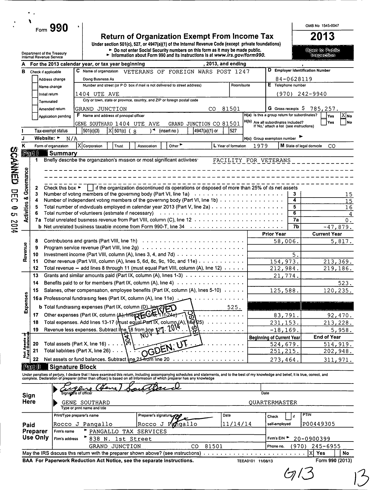 Image of first page of 2013 Form 990O for Veterans of Foreign Wars of the United States Dept of Colorado - 1247 Beye Lotz