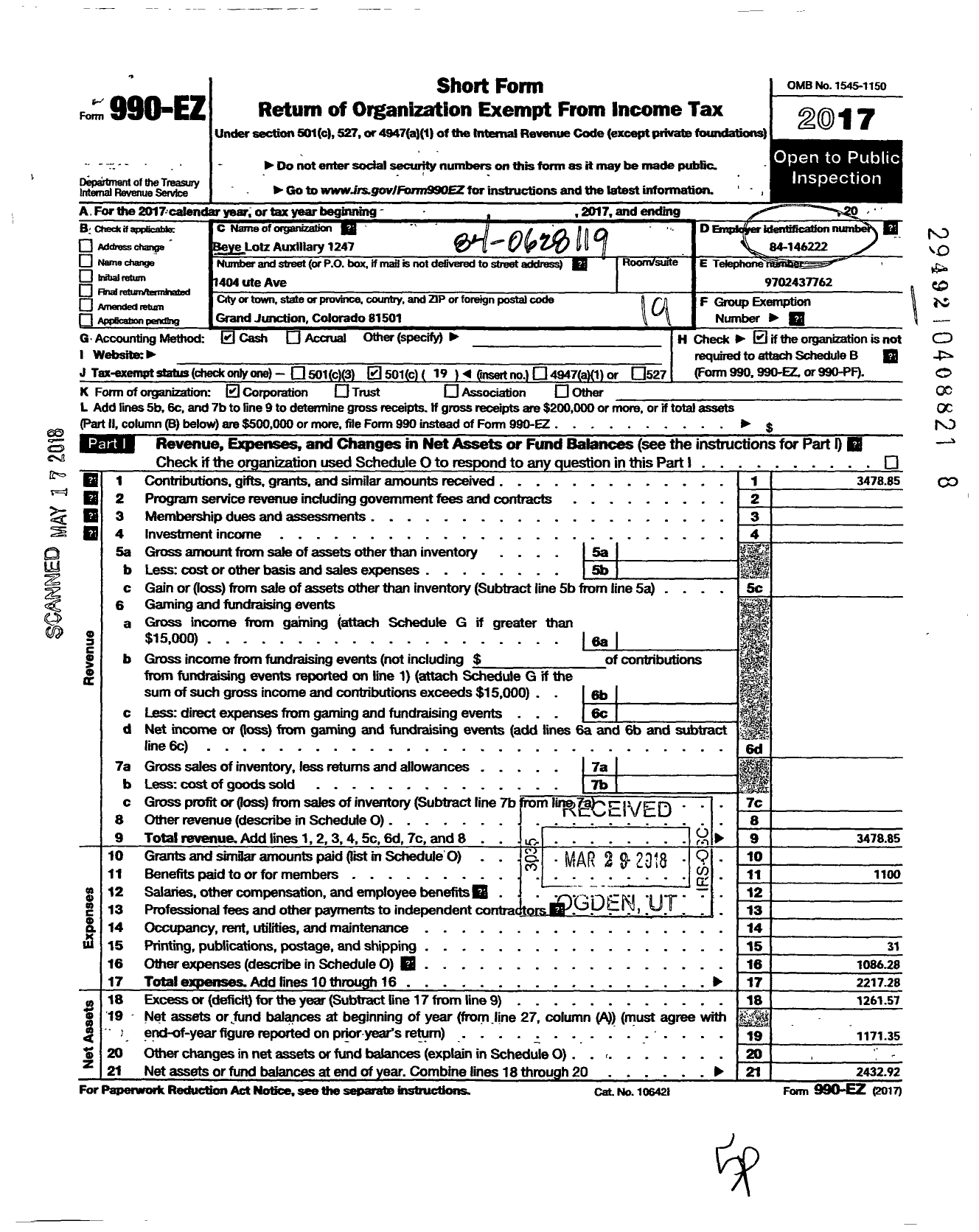 Image of first page of 2017 Form 990EO for Veterans of Foreign Wars of the United States Dept of Colorado - 1247 Beye Lotz