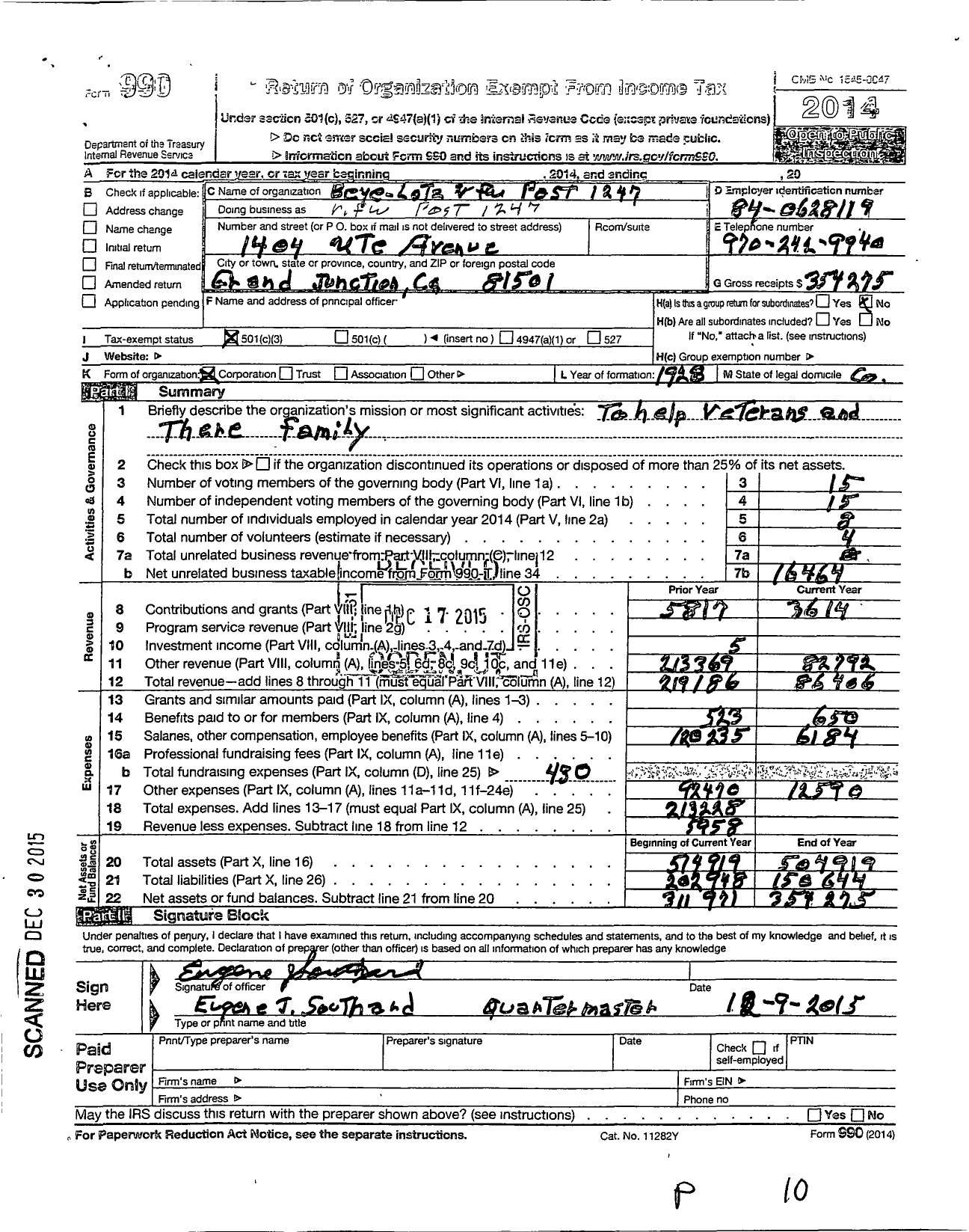 Image of first page of 2014 Form 990 for Veterans of Foreign Wars of the United States Dept of Colorado - 1247 Beye Lotz