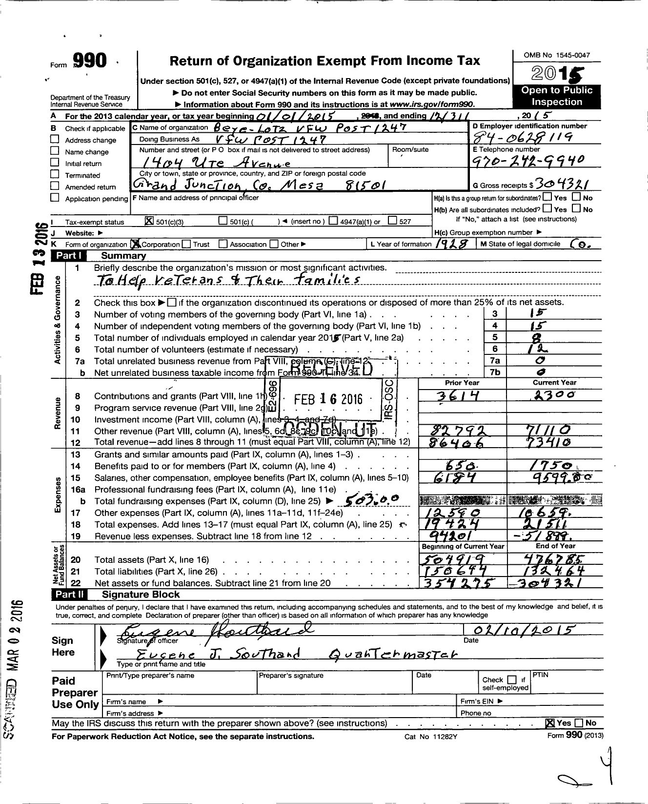 Image of first page of 2015 Form 990 for Veterans of Foreign Wars of the United States Dept of Colorado - 1247 Beye Lotz