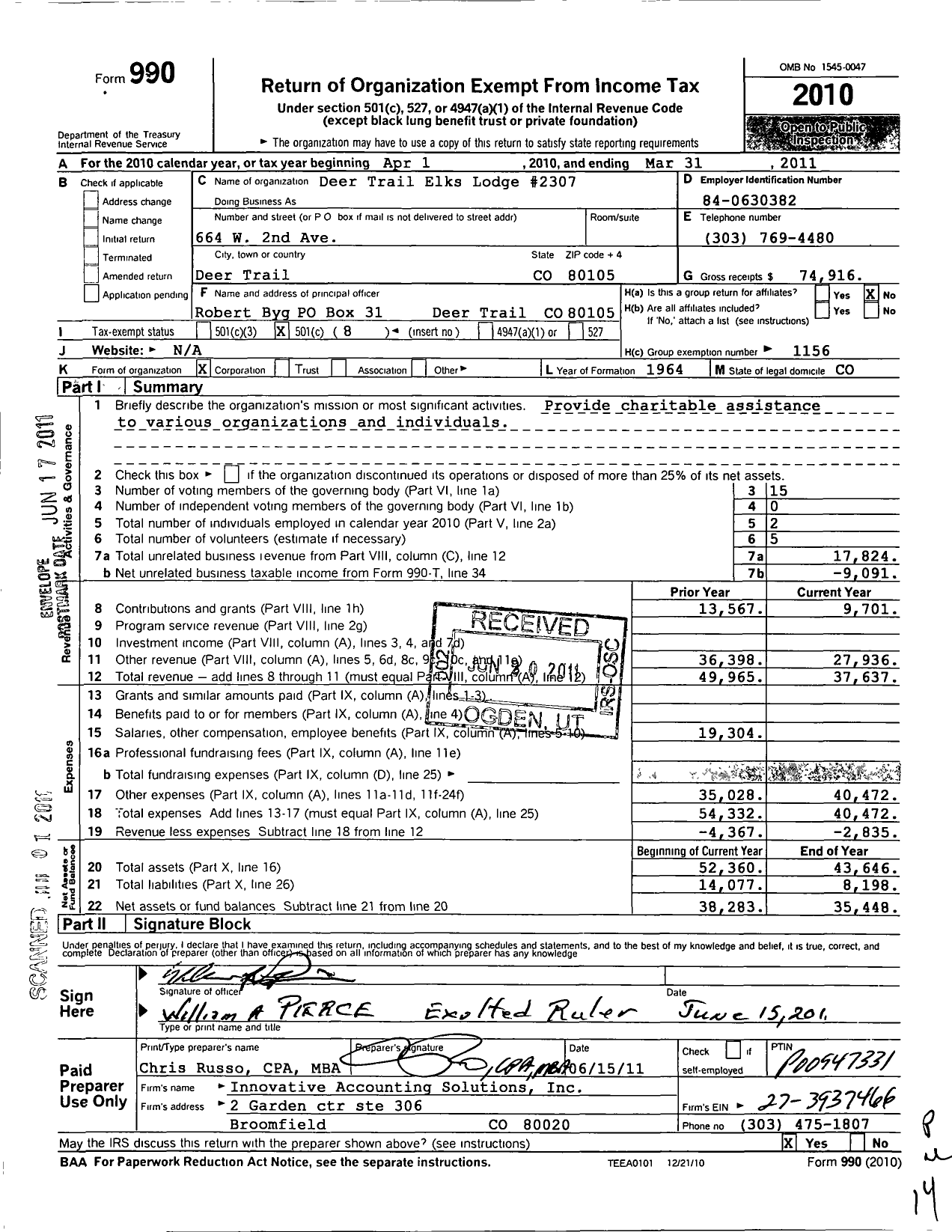 Image of first page of 2010 Form 990O for Benevolent and Protective Order of Elks - 2307 Deertrail