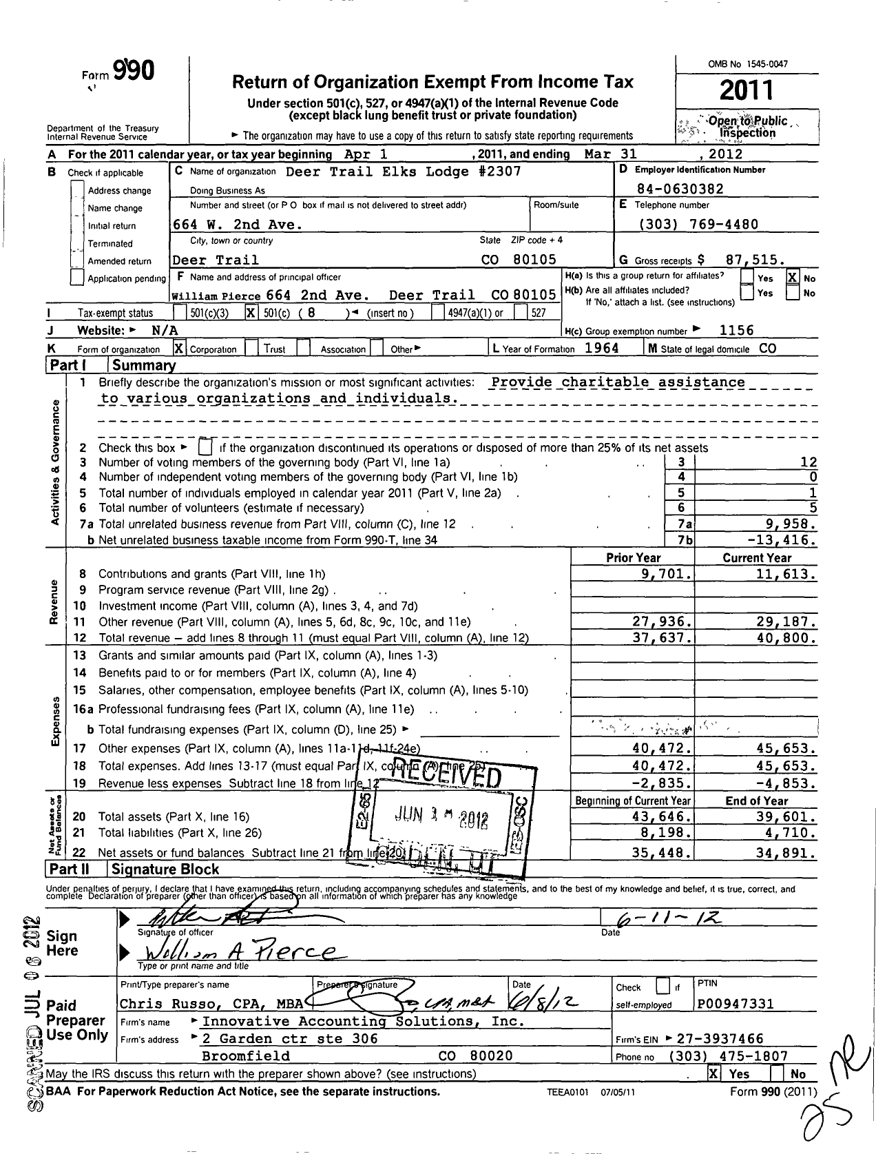 Image of first page of 2011 Form 990O for Benevolent and Protective Order of Elks - 2307 Deertrail