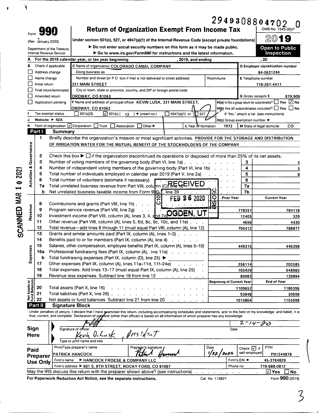 Image of first page of 2019 Form 990O for Colorado Canal Company