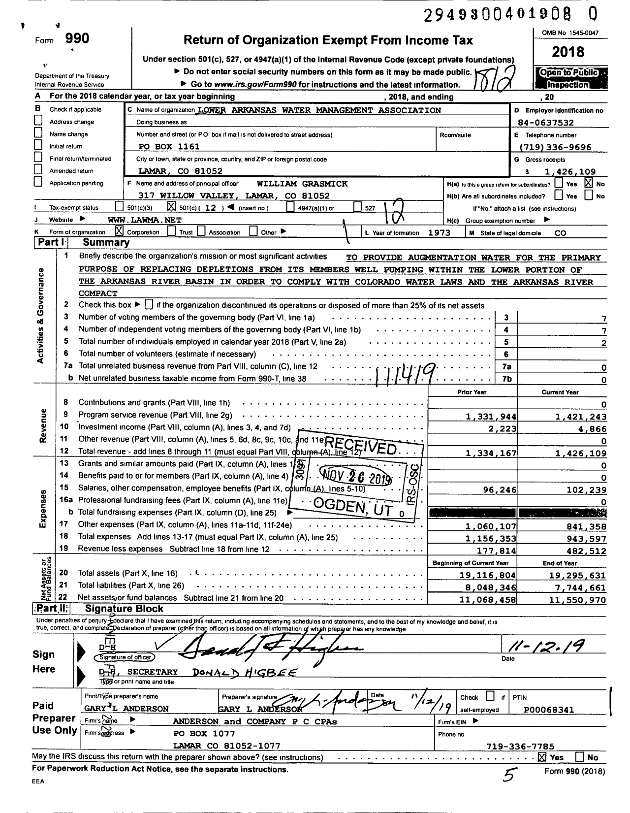 Image of first page of 2018 Form 990O for Lower Arkansas Water Management Association (LAWMA)