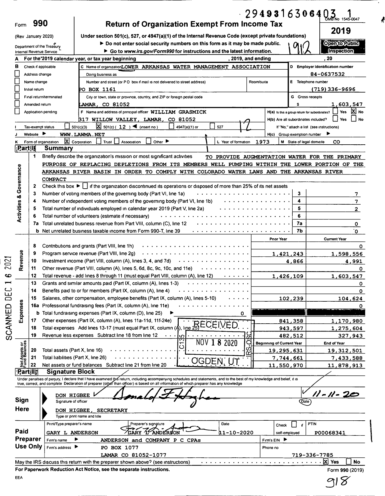 Image of first page of 2019 Form 990O for Lower Arkansas Water Management Association (LAWMA)