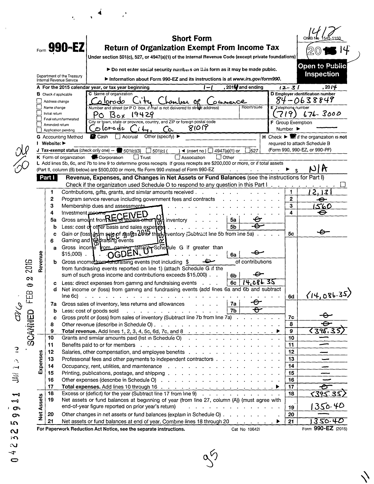 Image of first page of 2014 Form 990EZ for Colorado City Chamber of Commerce