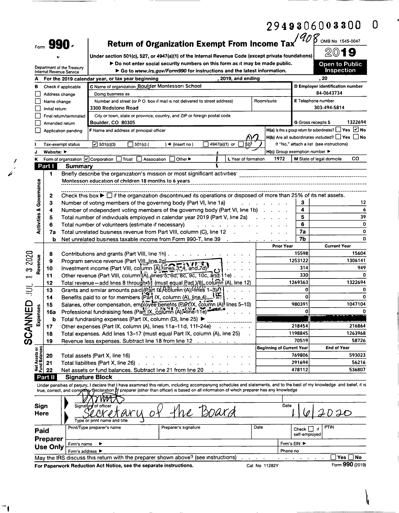 Image of first page of 2018 Form 990 for Boulder Montessori School