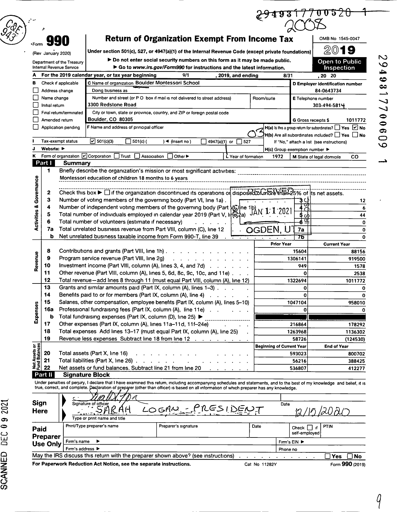 Image of first page of 2019 Form 990 for Boulder Montessori School