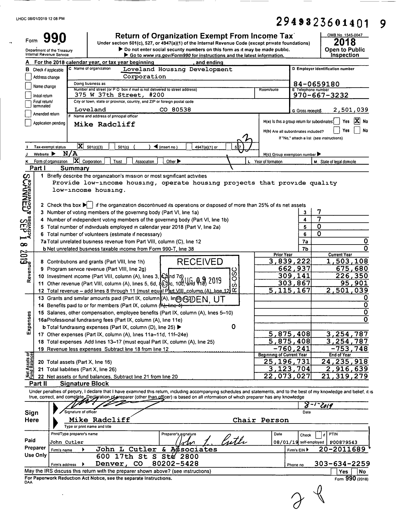 Image of first page of 2018 Form 990 for Loveland Housing Development Corporation