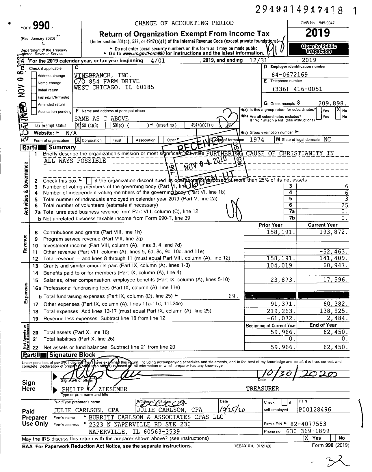 Image of first page of 2019 Form 990 for Vinebranch