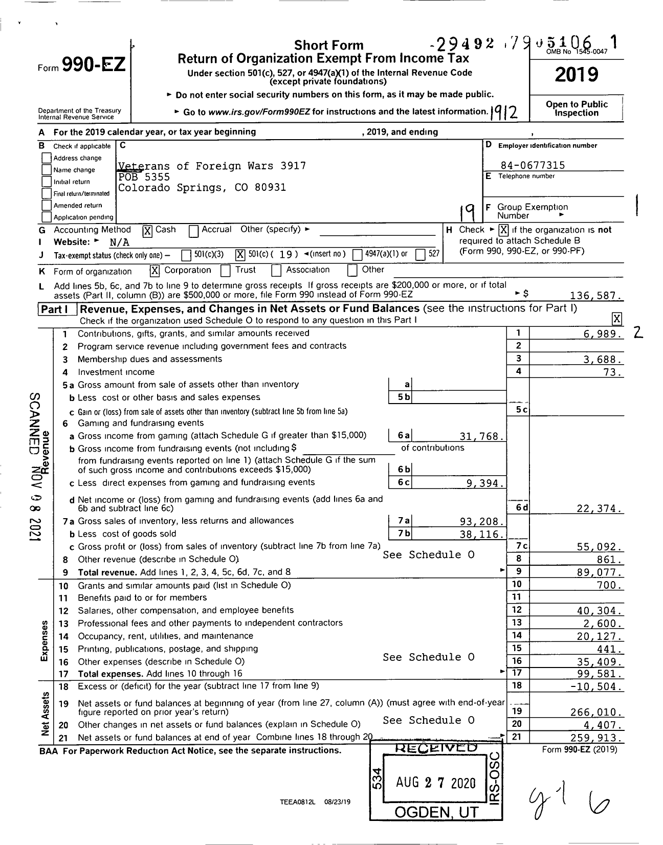 Image of first page of 2019 Form 990EO for Veterans of Foreign Wars of the United States Dept of Colorado - 3917 Cheyenne Mountain