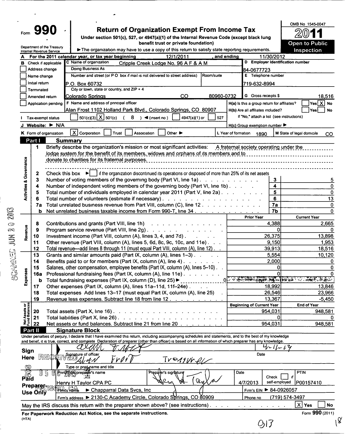 Image of first page of 2011 Form 990O for Ancient Free and Accepted Masons of Colorado - 96 Cripple Creek