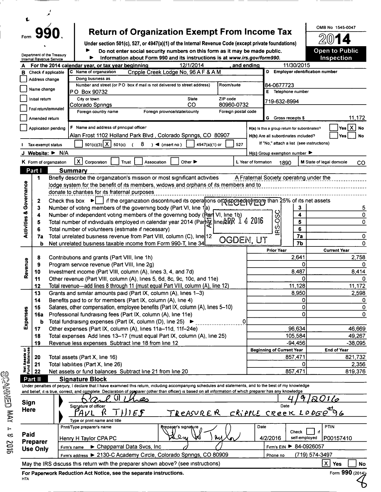 Image of first page of 2014 Form 990O for Ancient Free and Accepted Masons of Colorado - 96 Cripple Creek