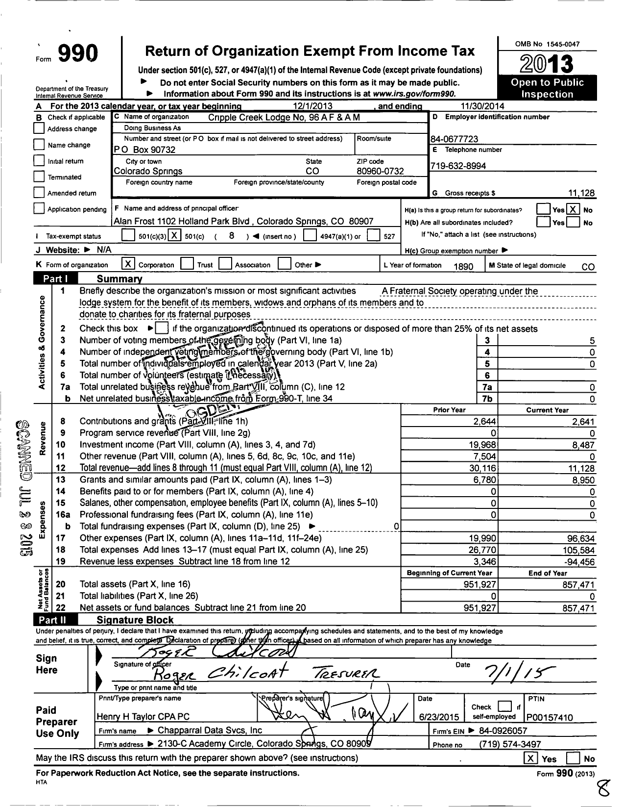 Image of first page of 2013 Form 990O for Ancient Free and Accepted Masons of Colorado - 96 Cripple Creek