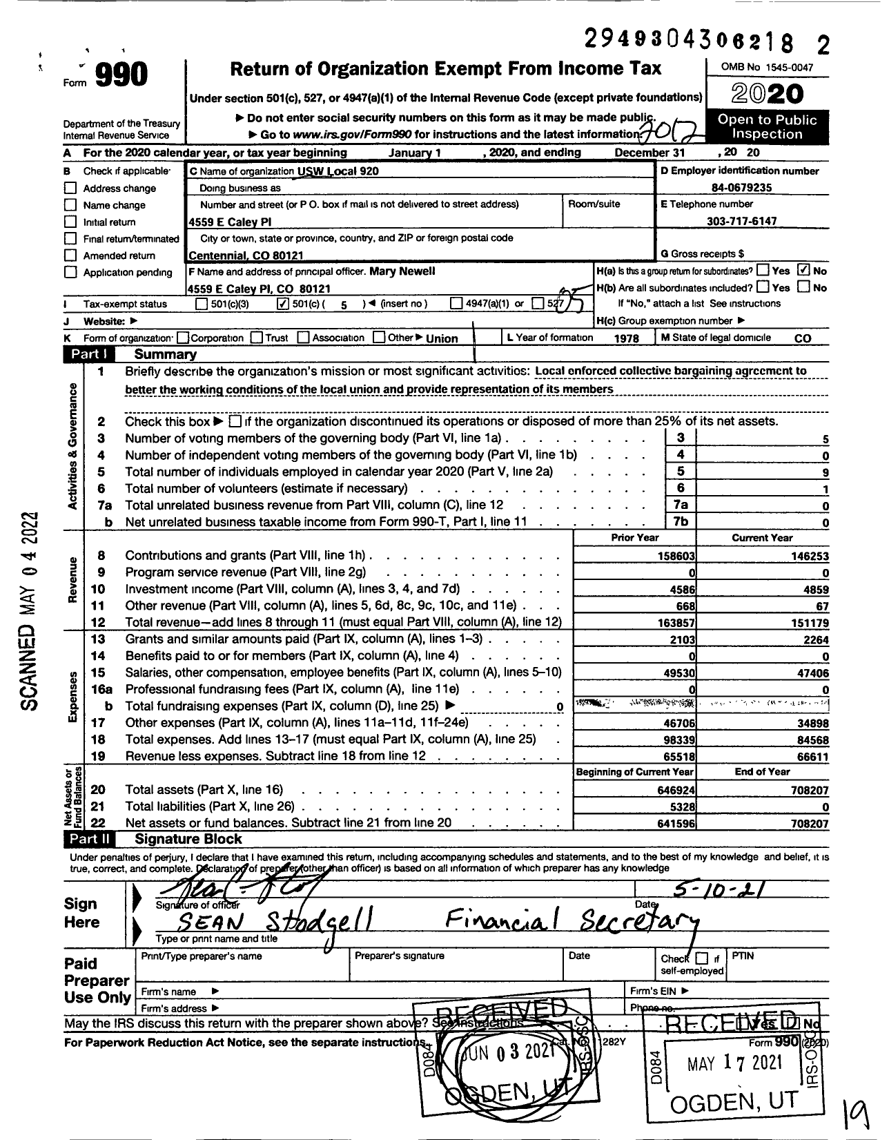 Image of first page of 2020 Form 990O for United Steelworkers - 00920 Local