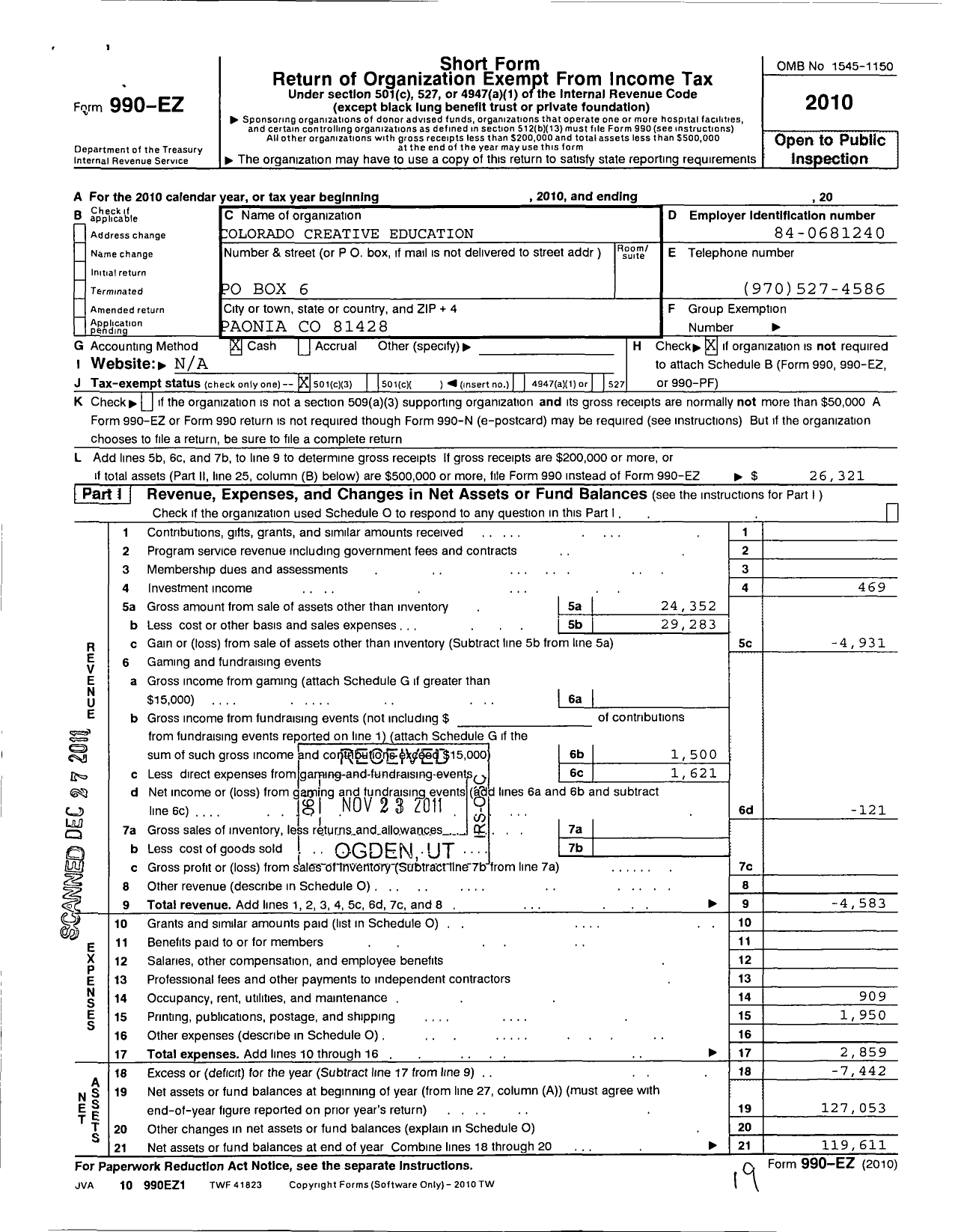 Image of first page of 2010 Form 990EZ for Colorado Creative Education