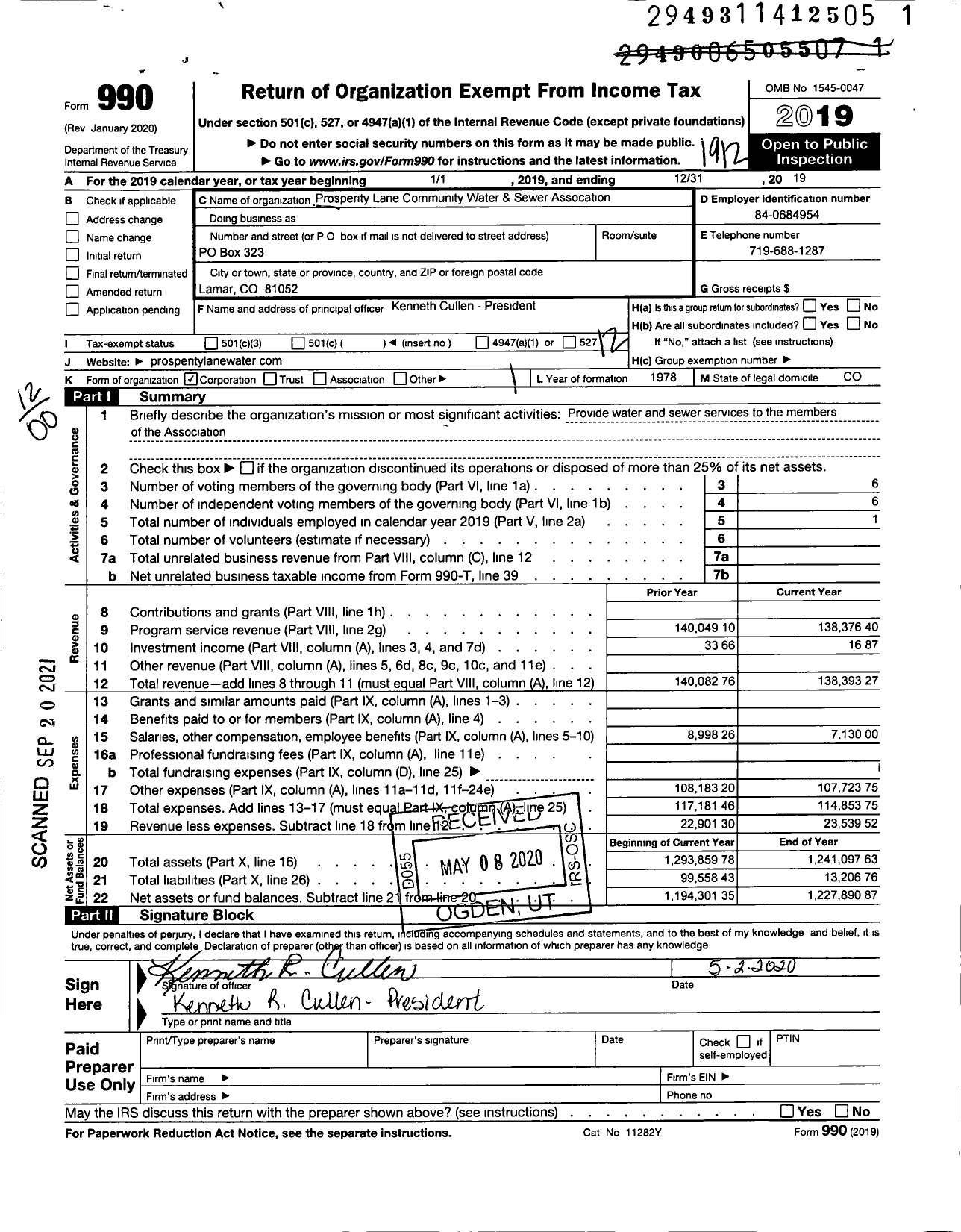 Image of first page of 2019 Form 990O for Prosperity Lane Community Water & Sewer Association