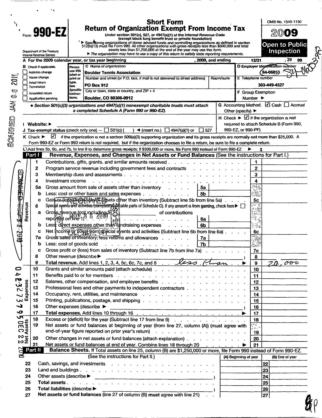 Image of first page of 2009 Form 990EO for Boulder Tennis Association