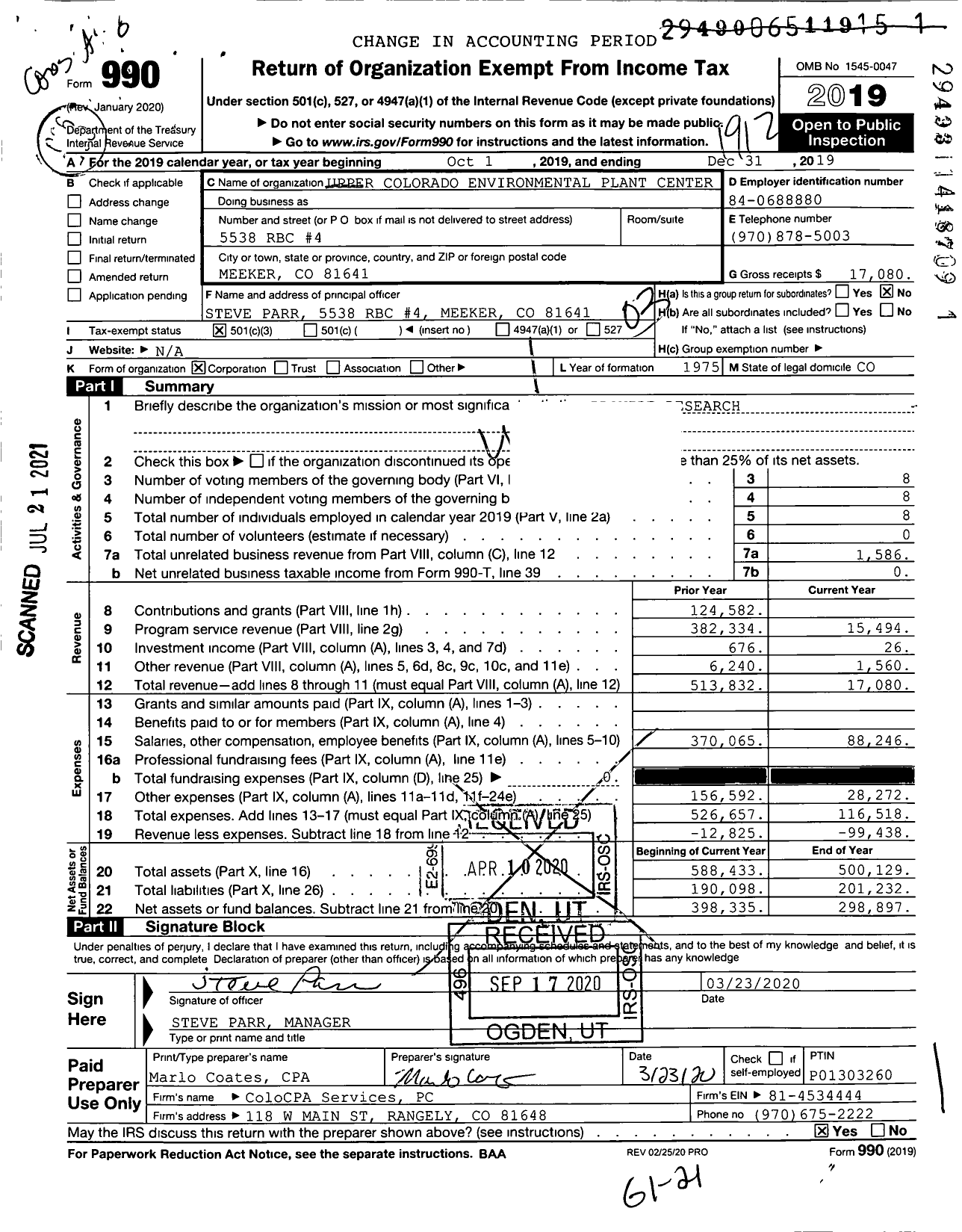 Image of first page of 2019 Form 990 for Upper Colorado Environmental Plant Center