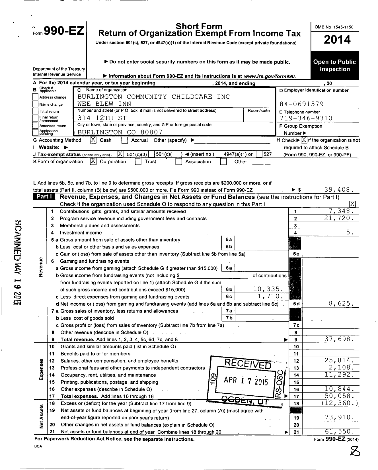 Image of first page of 2014 Form 990EZ for Burlington Community Child Care