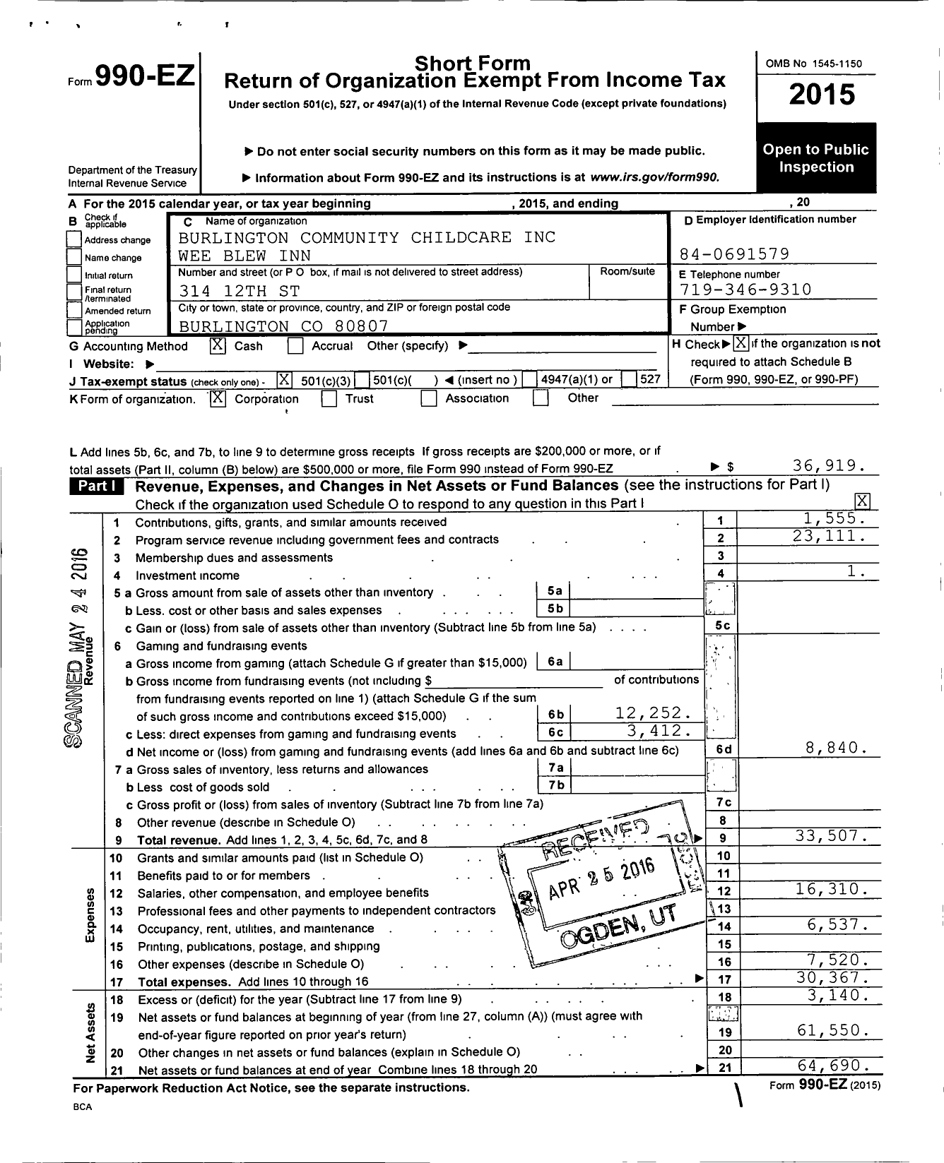 Image of first page of 2015 Form 990EZ for Burlington Community Child Care