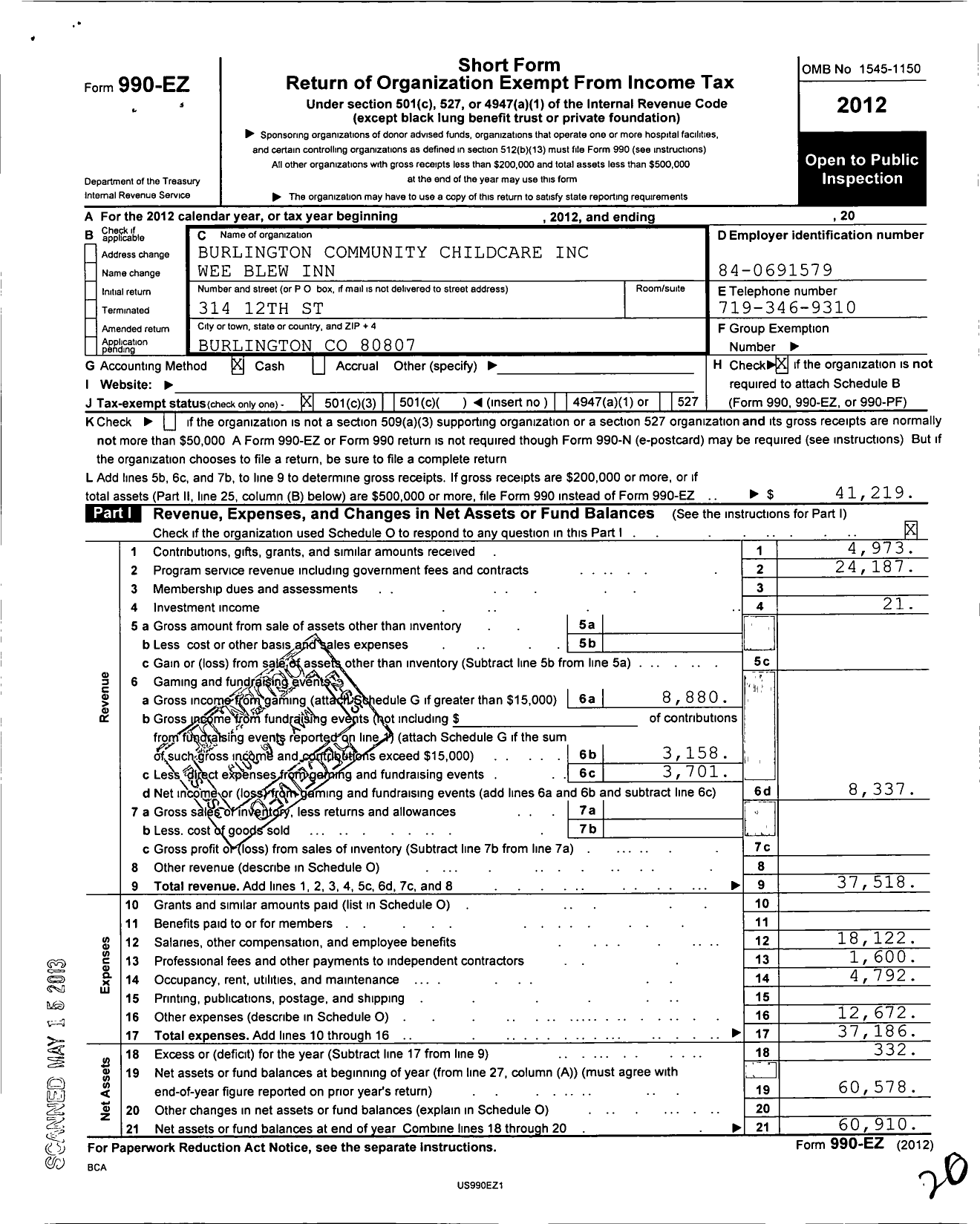 Image of first page of 2012 Form 990EZ for Burlington Community Child Care