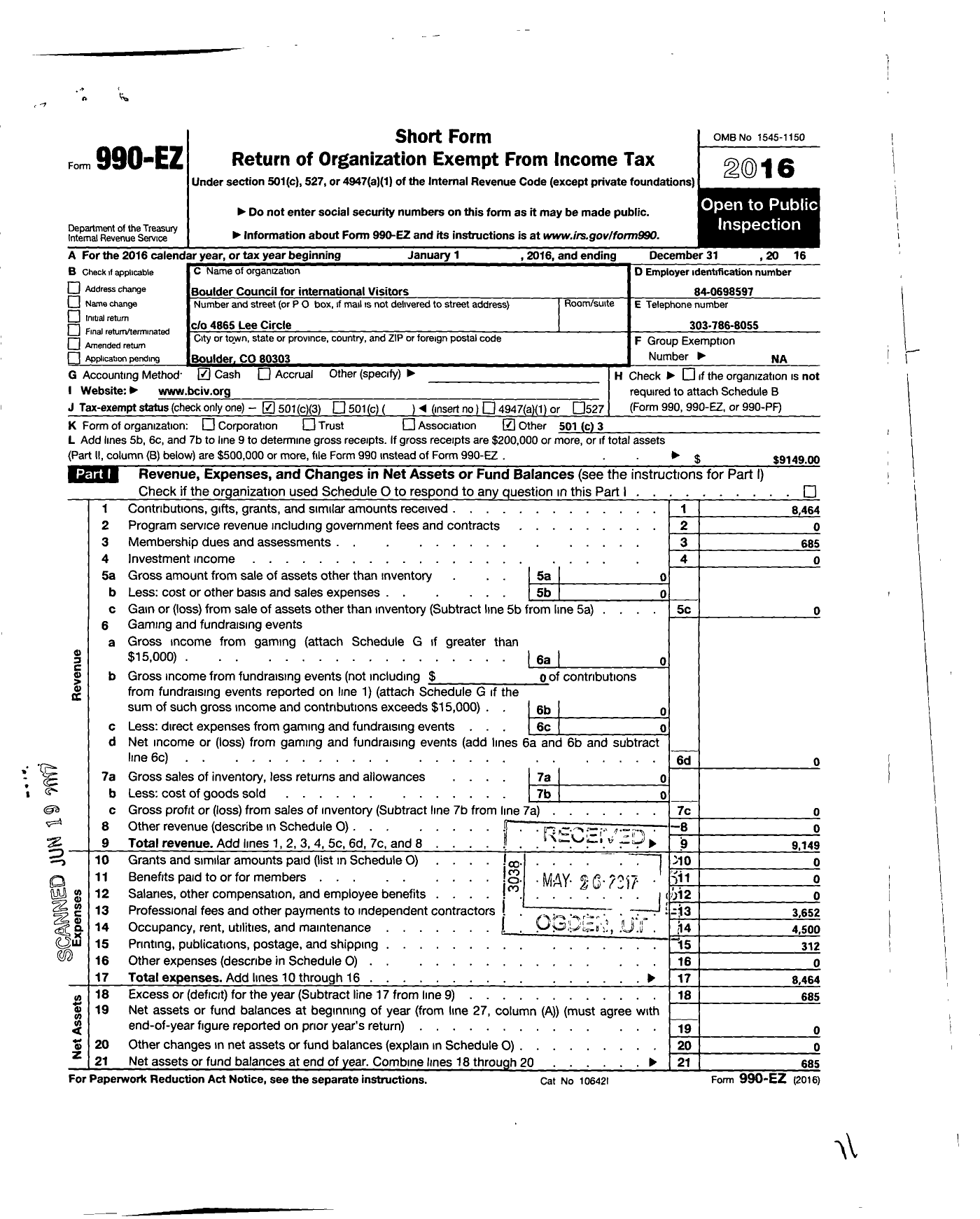 Image of first page of 2016 Form 990EZ for Boulder Council for International Visitors