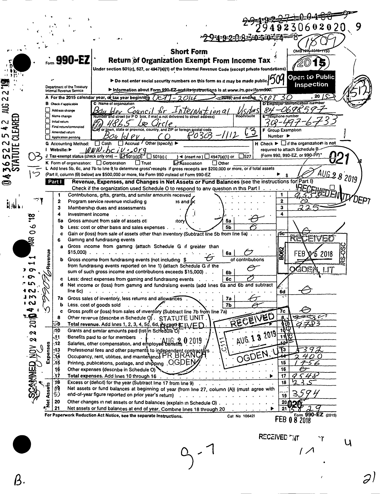 Image of first page of 2014 Form 990EZ for Boulder Council for International Visitors