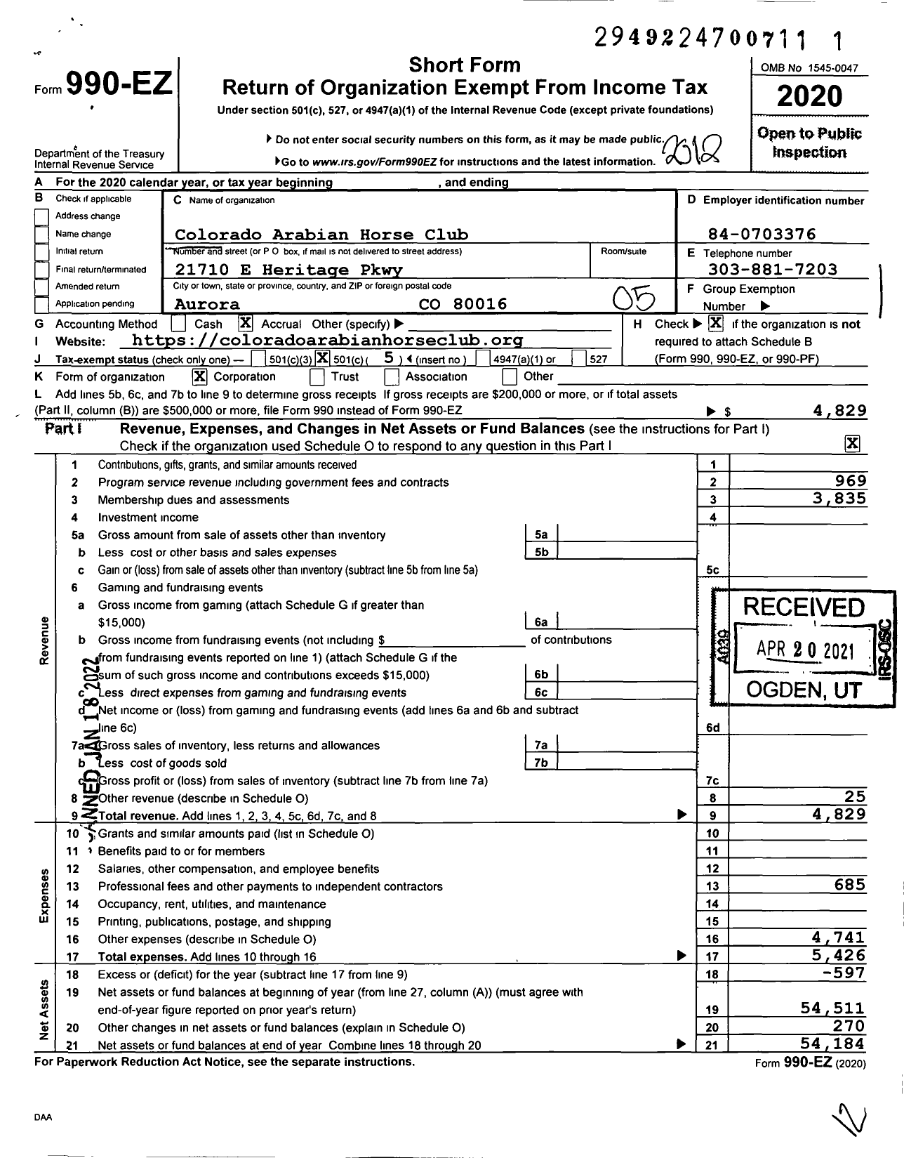 Image of first page of 2020 Form 990EO for Colorado Arabian Horse Club