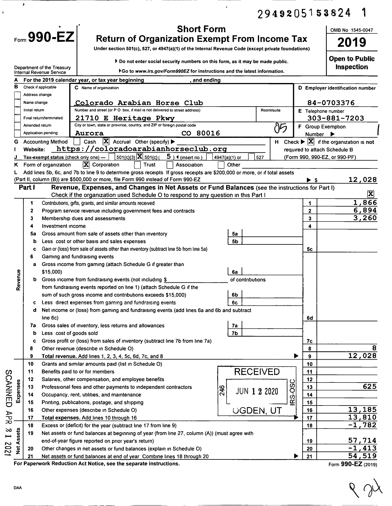 Image of first page of 2019 Form 990EO for Colorado Arabian Horse Club